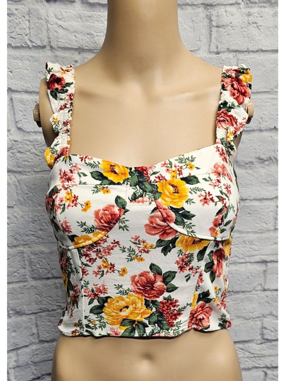 American Eagle XS Smocked Ruffle Cropped Floral White Red Yellow Corset Like Tan
